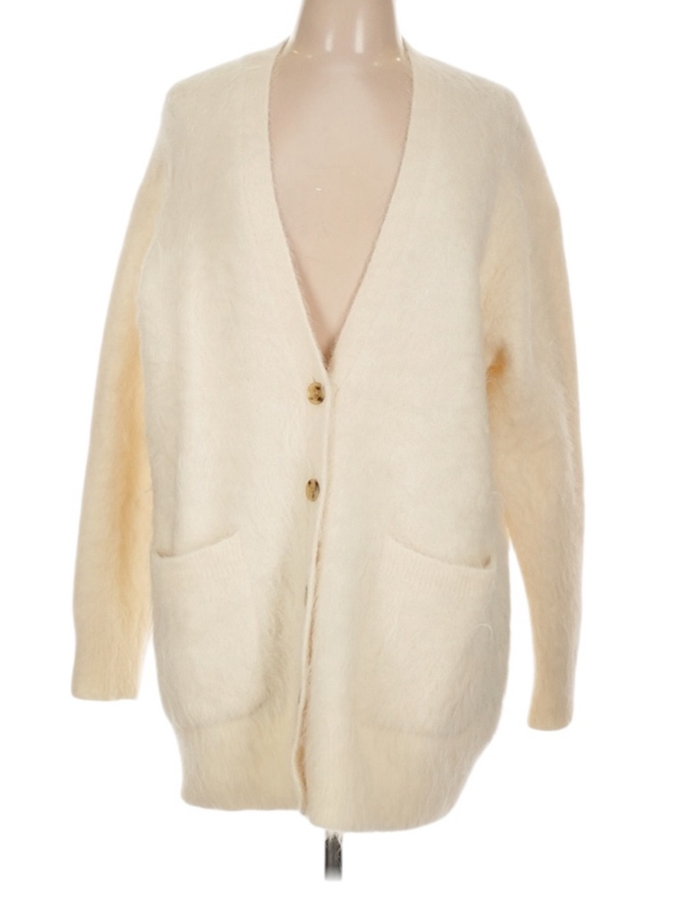 J. Crew V-Neck Cardigan Sweater Size L Cream Oversized Plush Yarn Alpaca Cozy - Picture 2 of 8